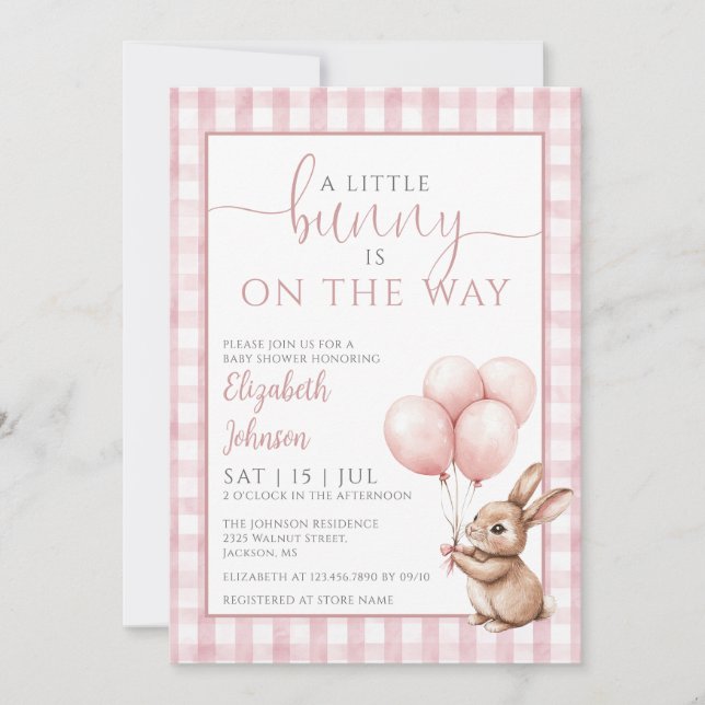 Invitation Petit Lapin Balloons Rose Baby shower fille (Devant)