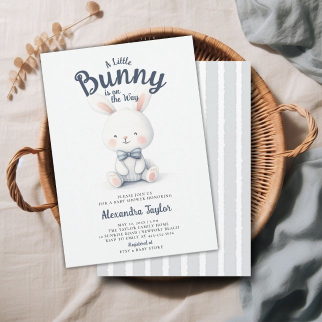 Invitation Petit lapin Bow Cravate Marine Blanc Bébé Garçon d (a little bunny baby boy shower invitation springtime easter garden picnic navy blue cute sweet)