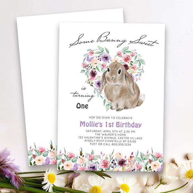 Invitation Petit lapin Doux Floral Amour Coeur 1er anniversai (Some Bunny Sweet girls birthday invitation - perfect for spring or easter)