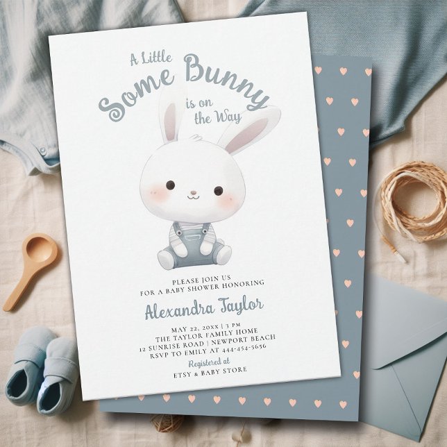 Invitation Petit lapin en salopette pour la fête de bébé garç (a little bunny baby boy shower invitation springtime easter garden picnic dusty blue overalls cute)