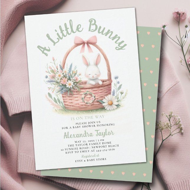 Invitation Petit Lapin Fleurs sauvages Pique-Nique Baby Girl  (a little bunny baby girl shower invitation springtime easter garden picnic wildflowers pink green)