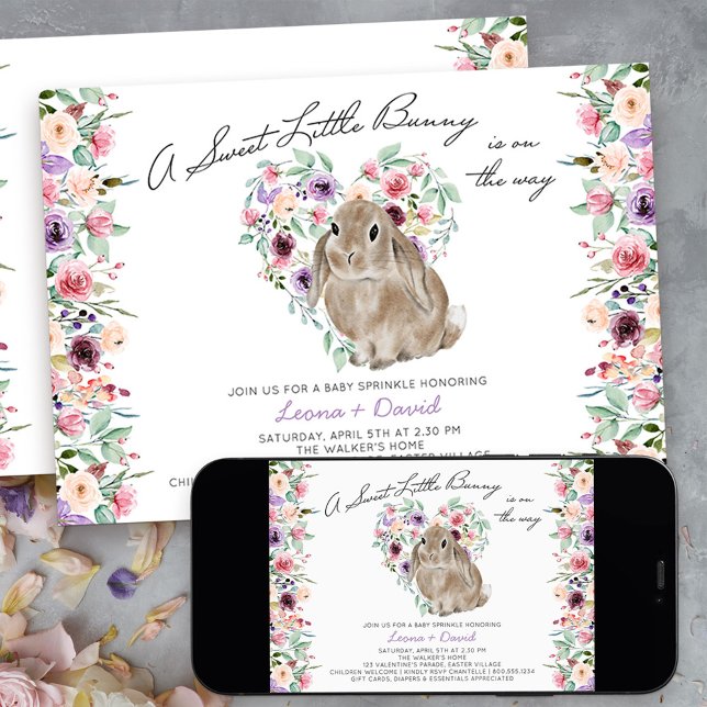 Invitation Petit Lapin Floral Amour Coeur Bébé Parsemer (Sweet little bunny baby sprinkle invitation - message me to create additional templates)