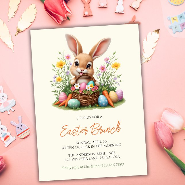 Invitation Petit lapin lapin mignonne moderne Brunch de Pâque (Charming Easter Brunch Invitation with Bunny, Eggs, and Spring Flowers)
