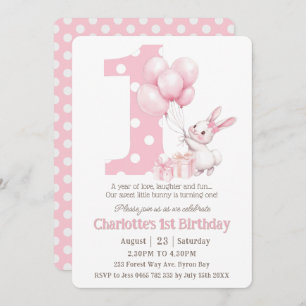 Invitation Petit lapin mignon lapin rose points un 1er annive