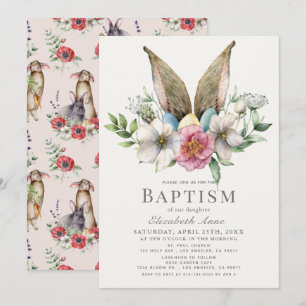 Invitation Petit Lapin Oreille Florale Rose Fille Baptême