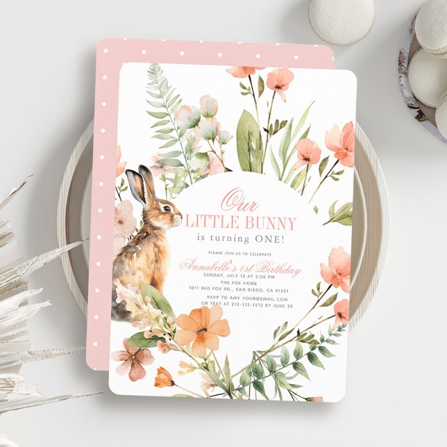 Invitation Petit Lapin Rose Fille Florale 1er Anniversaire (Créateur téléchargé)
