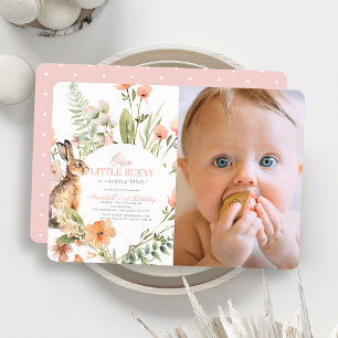 Invitation Petit lapin rose florale fille 1er anniversaire Ph