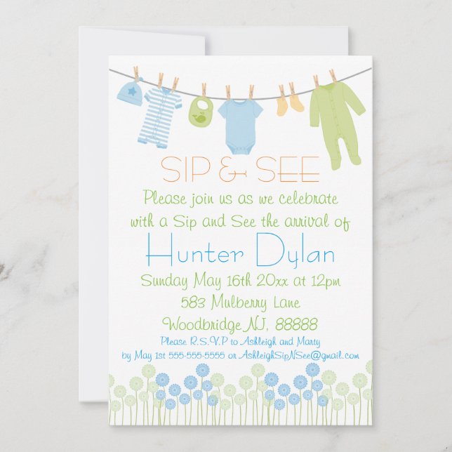 Invitation Petit le Sip bleu et vert de vêtements et voient (Devant)