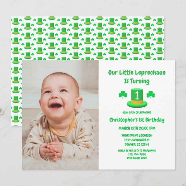 Invitation Petit Leprechaun 1er Anniversaire (Devant / Derrière)