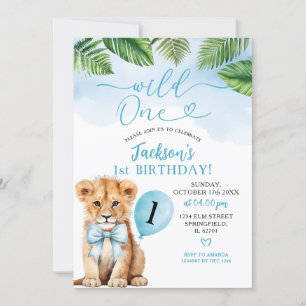 Invitation Petit lion avec Blue Bow Safari Wild Un Anniversai