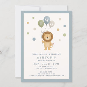Invitation Petit Lion & Confetti, cadre bleu Enfant Anniversa