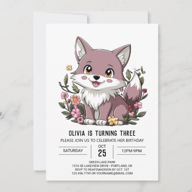 Invitation Petit Loup numérique coloré Anniversaire (Devant)