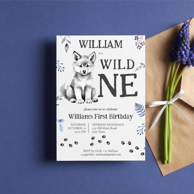 Invitation Petit loup sauvage un bois fête d'anniversaire (Wild one cute fluffy wolf cub birthday party template invitation wolf woodlands themed birthday)