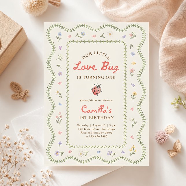Invitation Petit Love Bug Ladybug Fille 1er Anniversaire (Créateur téléchargé)