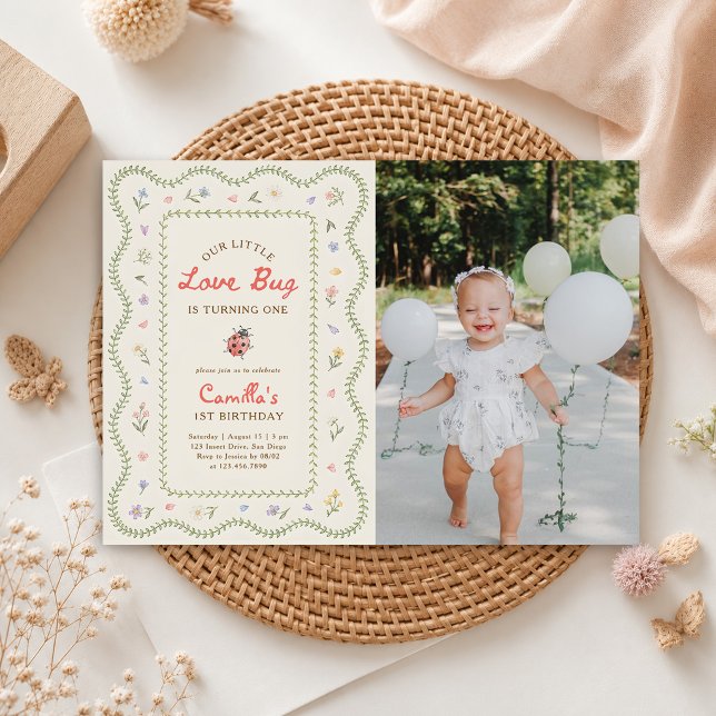 Invitation Petit Love Bug Ladybug Fille 1er Anniversaire Phot (Créateur téléchargé)