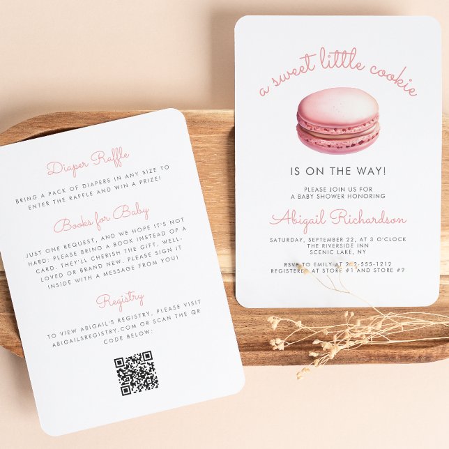 Invitation Petit Macaron Code QR Rose Baby Shower (Créateur téléchargé)