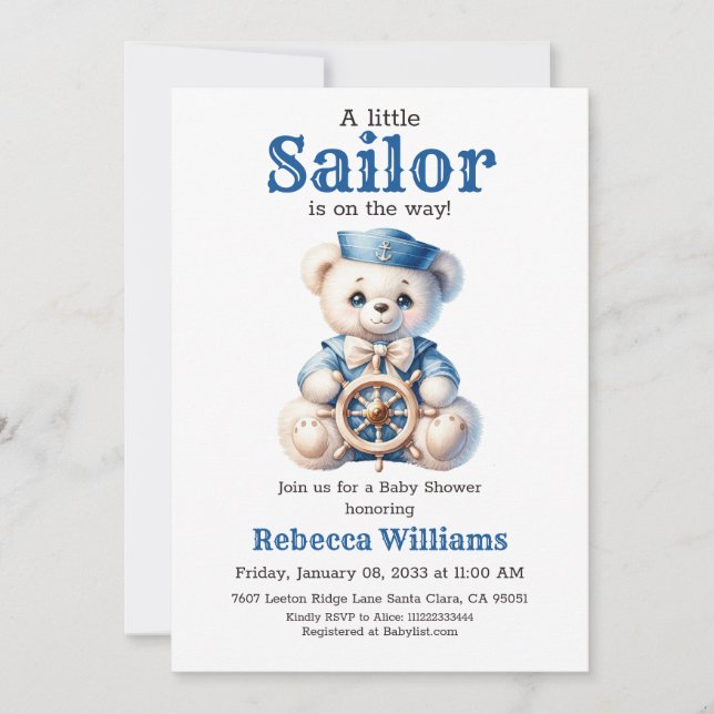 Invitation Petit marin Nautical Blue Bear Baby shower garçon (Devant)