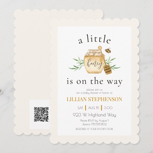 Invitation Petit Miel En Route Bébé Abeille Shower Code QR (Devant / Derrière)