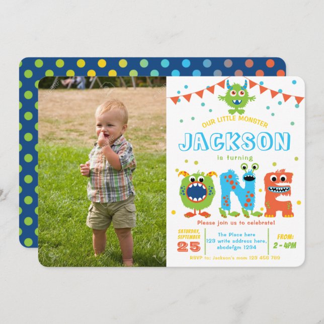 Invitation Petit Monster Chalkboard garçon 1er anniversaire p (Devant / Derrière)
