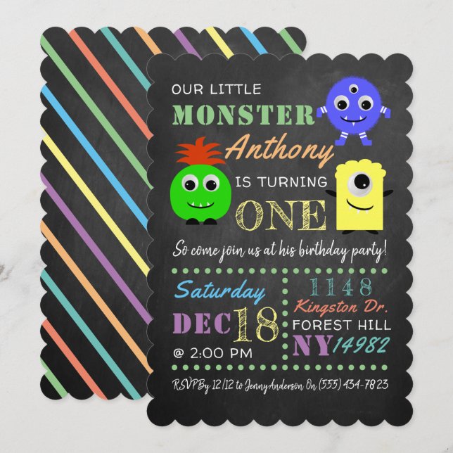 Invitation Petit Monster Chalkboard N'Importe Quel Âge Annive (Devant / Derrière)