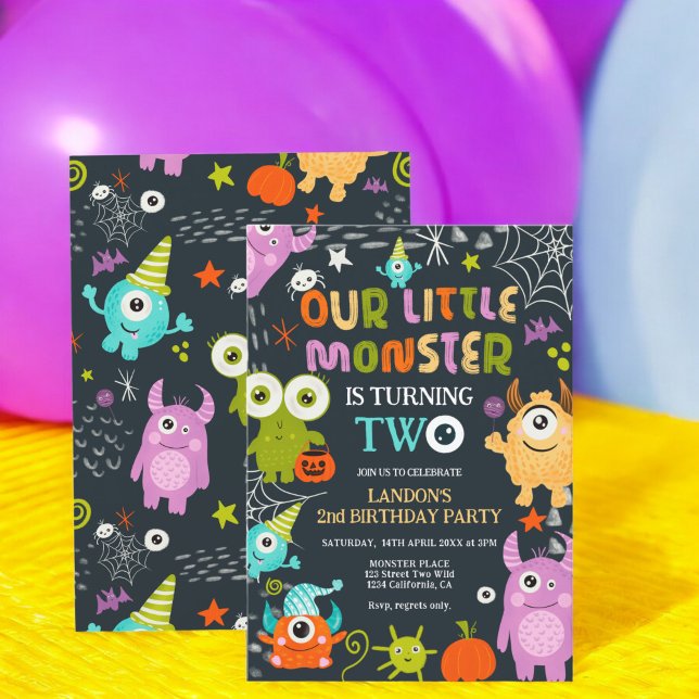 Invitation Petit monstre d'Halloween mignon fête ses deux ans (Cute Halloween little monster is turning two Invitation)