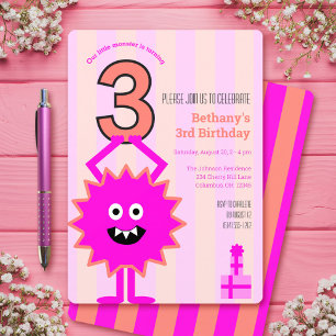 Invitation Petit Monstre Rose Chaud 3ème Fille Anniversaire R
