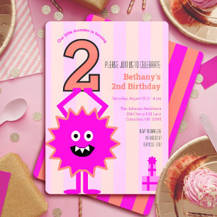 Invitation Petit Monstre Rose Chaud Fille 2ème Anniversaire M