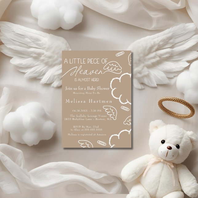 Invitation Petit morceau de ciel baby shower beige (Little Piece of Heaven beige baby shower Invitation)