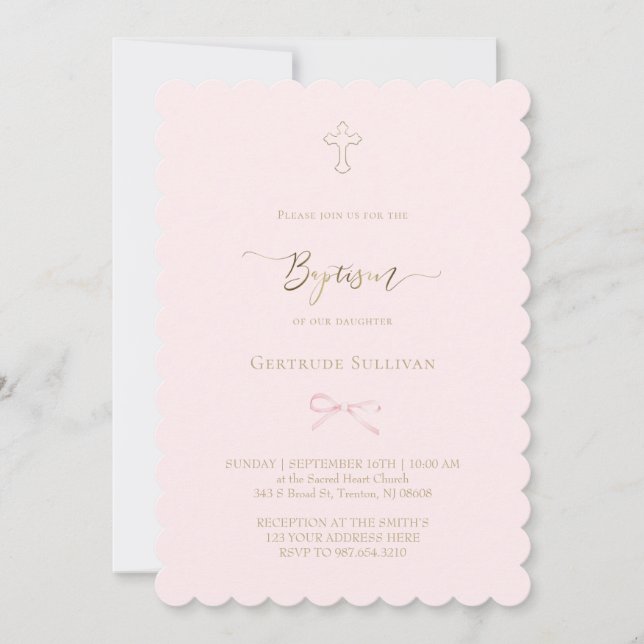 Invitation petit nœud rose | Baptême (Devant)
