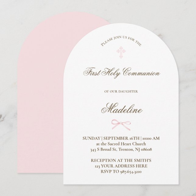 Invitation petit nœud rose  |  Première Sainte Communion (Devant / Derrière)