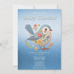 Invitation Petit Oiseau Floral Broderie Baby shower bleu Inv
