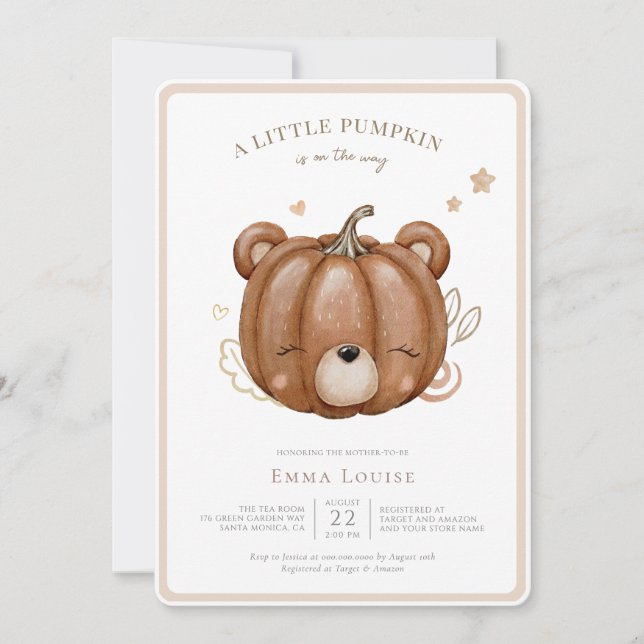 Invitation Petit ours Citrouille Baby shower d'automne Neutre (Devant)