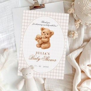 Invitation Petit ours en gingham marron Baby Shower