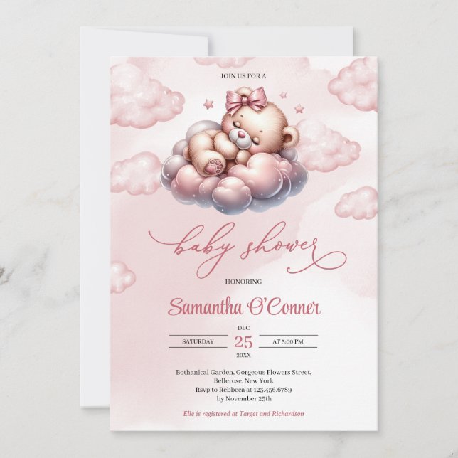 Invitation Petit ours mignon dormant sur un Baby shower nuage (Devant)