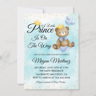 Invitation petit ours prince bleu or garçon baby shower