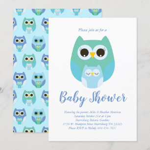Invitation Petit Owl Baby shower Bleu Bird Boy