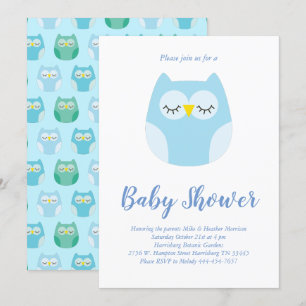 Invitation Petit Owl Baby shower Bleu Bird Boy