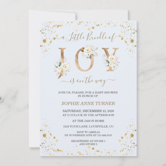 Invitation Petit Pack D'Or Joy Baby shower Floral Blanc (Devant)