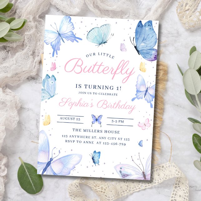 Invitation Petit Papillon 1er Anniversaire Papillon Violet (Créateur téléchargé)