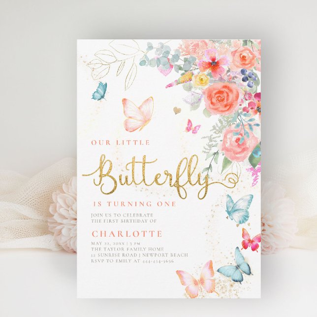 Invitation Petit Papillon Bright Garden Girl Fête d'anniversa (our little butterfly girls birthday party invite pink garden floral  butterflies watercolor elegant)