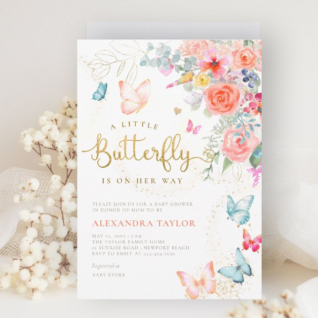 Invitation Petit Papillon brillant Floral Baby Girl Douche (little butterfly baby shower invitation bright colorful garden peach pink orange teal blue gold)