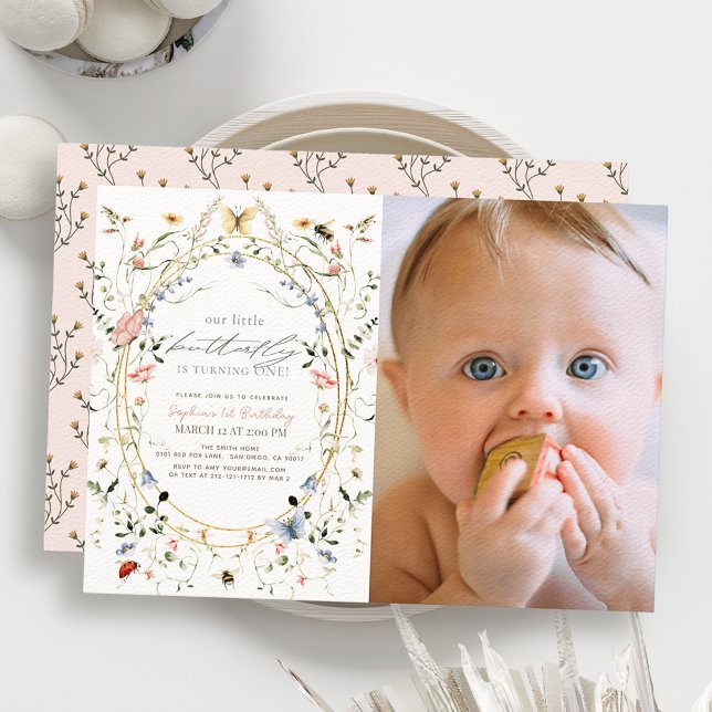 Invitation Petit Papillon Fleur sauvage Bee Photo 1er anniver (Créateur téléchargé)