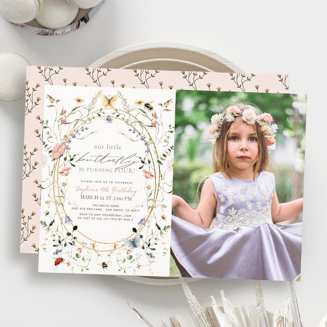 Invitation Petit Papillon Fleur sauvage Bee Photo Anniversair (Créateur téléchargé)