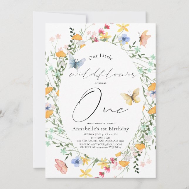 Invitation Petit papillon Fleur sauvage Oval Girl 1er anniver (Devant)
