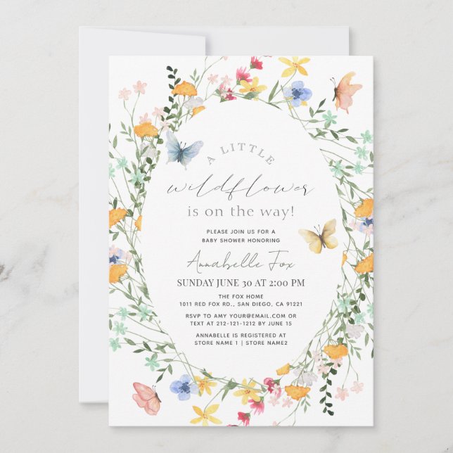 Invitation Petit papillon Fleur sauvage Oval Girl Baby shower (Devant)