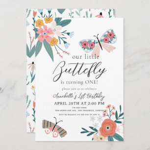 Invitation Petit Papillon Floral Girl 1er anniversaire