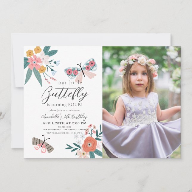 Invitation Petit Papillon Floral Girl Photo Anniversaire (Devant)