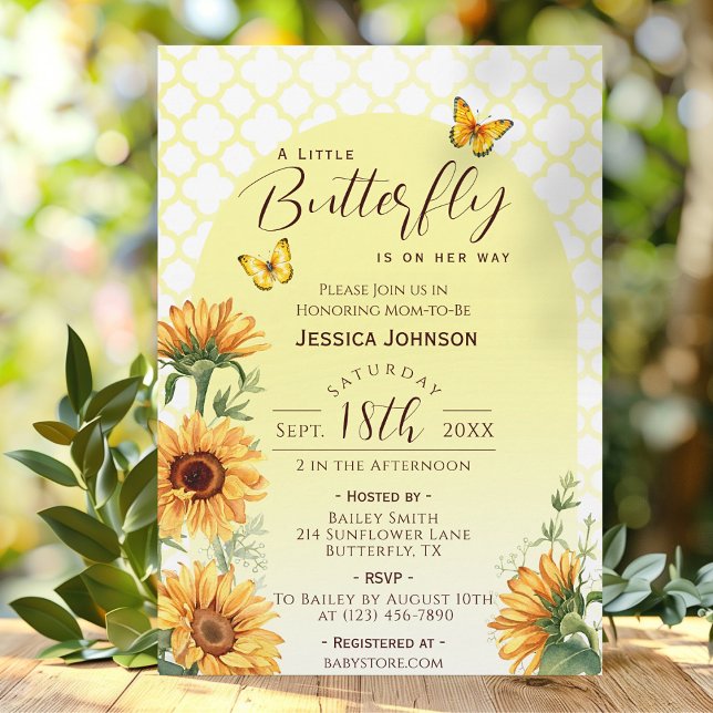 Invitation Petit Papillon Jaune Baby Girl Douche Tournesol (Sunflower Yellow A Little Butterfly Baby Shower Invitation)