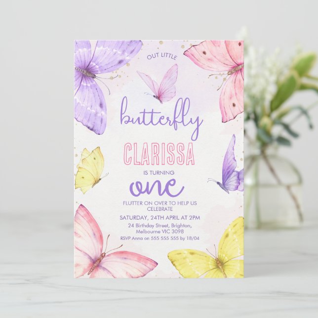 Invitation Petit Papillon multicolore moderne 1er anniversair (Debout devant)