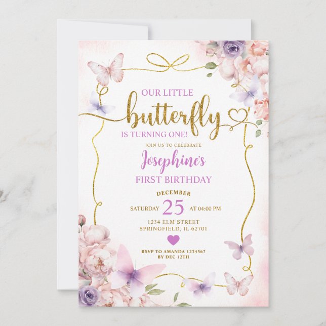 Invitation Petit Papillon rose pourpre 1er anniversaire (Devant)